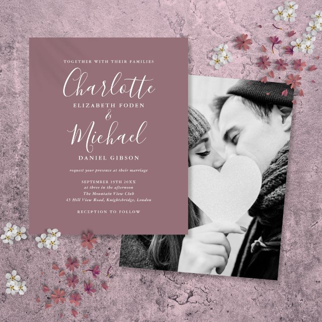 Budget Mauve Script Photo Wedding Invitation (Budget Mauve Script Photo Wedding Invitation)