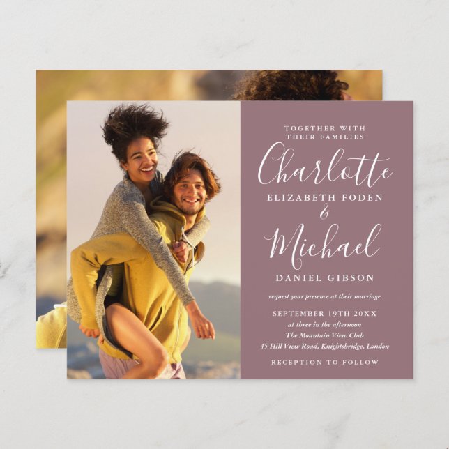 Budget Mauve Script Photos Wedding Invitation (Front/Back)