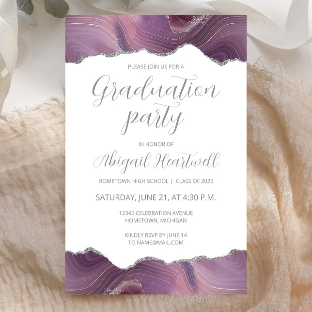 Budget Mauve Silver Agate Graduate Party Invite (Creator Uploaded)