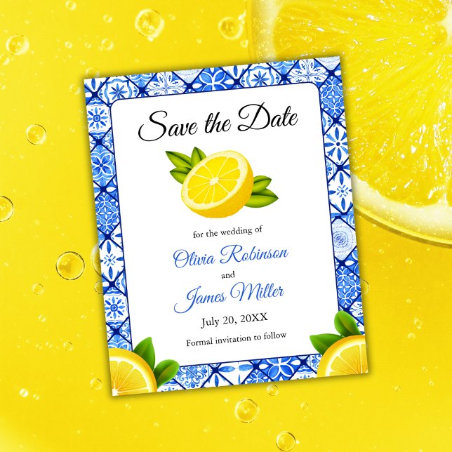 Budget Mediterranean Lemon Wedding Save the Date   (Budget Mediterranean Italian Blue Tile Lemon Wedding Save The Date )