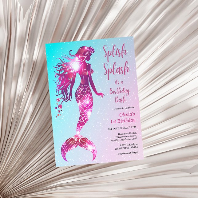 Budget Mermaid Baby Girl 1st Birthday Invitation  (Splish Splash Mermaid Baby Girl 1st Birthday Invitation )