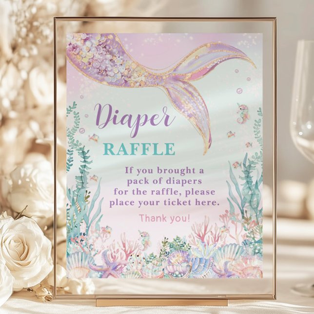 Budget Mermaid Baby Shower Diaper Raffle Sign (whimsical-ethereal-rainbow-under-the-sea-mermaid-tail-budget-cheap-diaper-raffle-sign-paper-sheet)