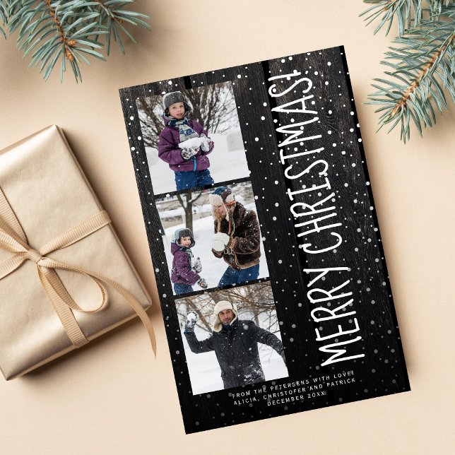 Budget Merry Christmas 3 photo rustic Holiday Card (Creator Uploaded)