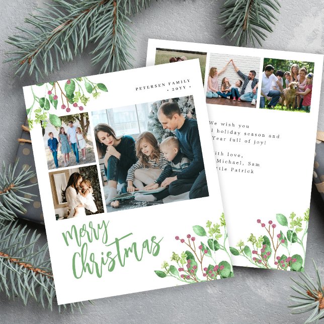 Budget Merry Christmas 6 photos green Holiday Card (Creator Uploaded)