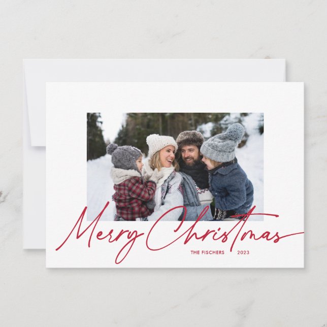 Budget Merry Christmas Calligraphy Simple 3 Photo Holiday Card (Front)