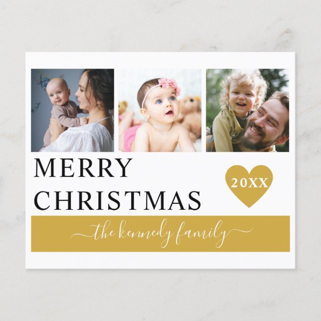 Budget Merry Christmas Gold Heart 3 Photo Collage  (Front)