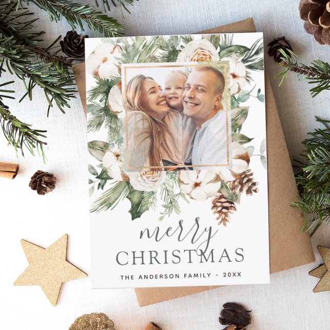 Budget Merry Christmas Greenery Photo Holiday Card (Creator Uploaded)