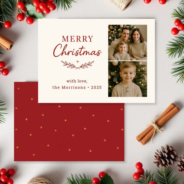 Budget Merry Christmas Photo Red Holiday Flat Card (Creator Uploaded)