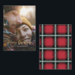 budget merry christmas red photo holiday card<br><div class="desc">budget Gold effect stylish script merry christmas with coordinating red and green check tartan backer design. Space for a single photo design. A modern take on a traditional christmas.</div>