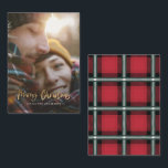 budget merry christmas red photo holiday card<br><div class="desc">budget Gold effect stylish script merry christmas with coordinating red and green check tartan backer design. Space for a single photo design. A modern take on a traditional christmas.</div>