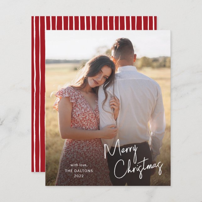 Budget Merry Christmas Script Photo Holiday Card (Front/Back)