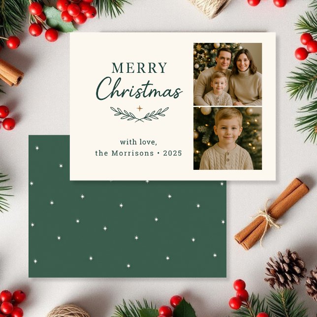 Budget Merry Christmas Two Photo Holiday Flat Card (Creator Uploaded)