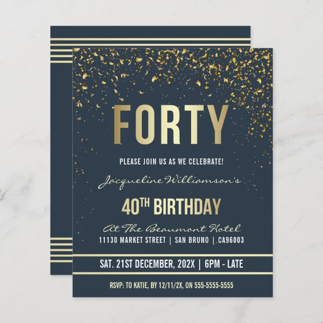Budget Midnight Gold Confetti 40th Birthday Party (Front/Back)