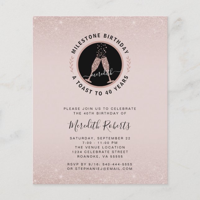 Budget Milestone 40th Birthday Champagne Invite (Front)