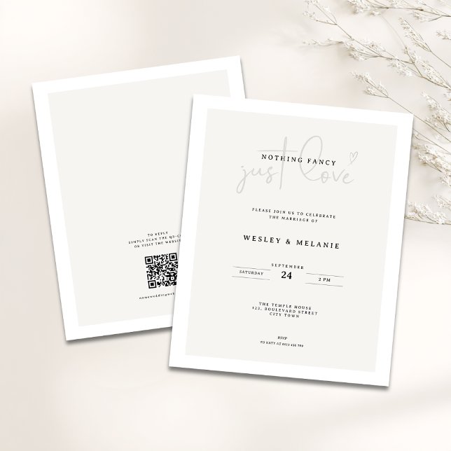 Budget Mimimal Beige QR-code Nothing Fancy Wedding (Budget Nothing fancy just love minimalist wedding invitation )