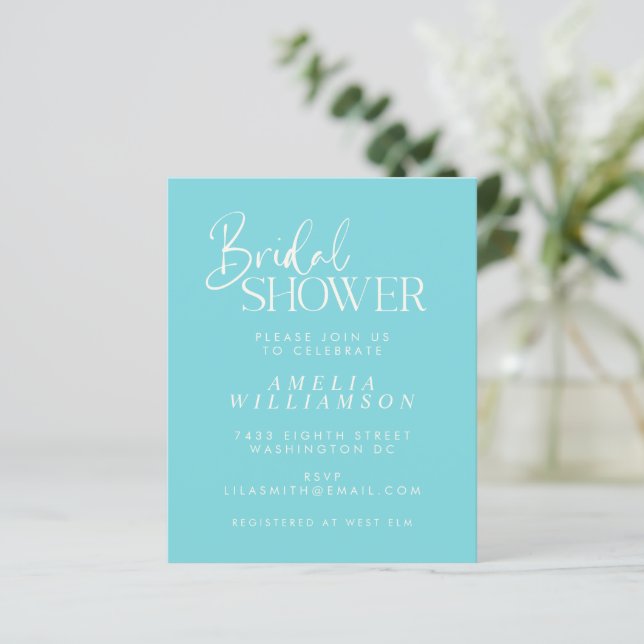 Budget Minimal Aqua Script Bridal Shower Invite (Standing Front)