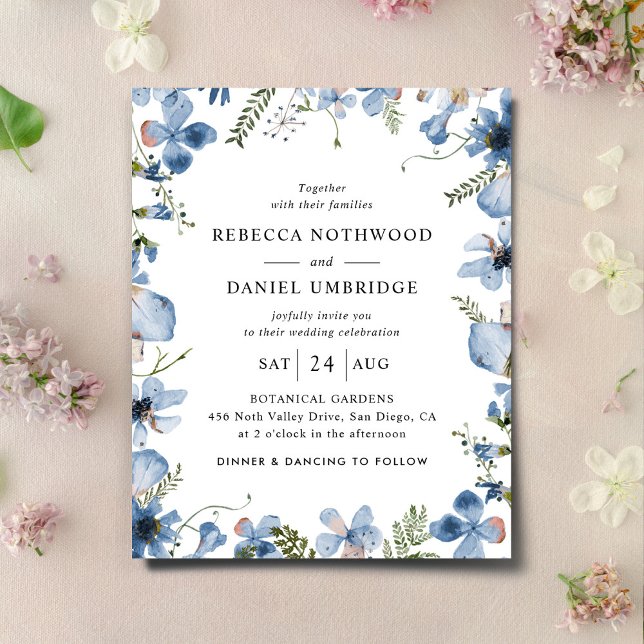 Budget Minimal Blue Floral Wedding Invitation (Creator Uploaded)