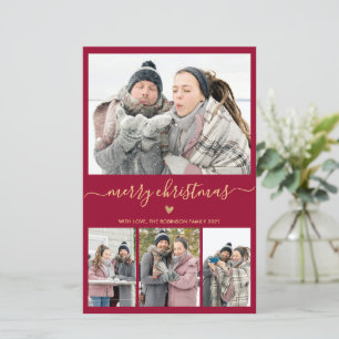 Budget Minimal Bordo Gold 4 Photo Christmas Card