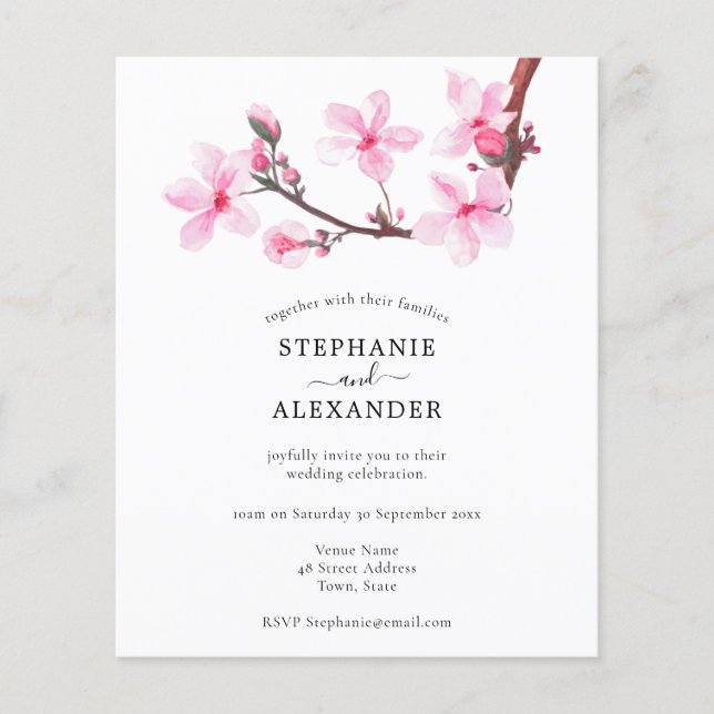 Budget Minimal Cherry Blossom Wedding Invite (Front)