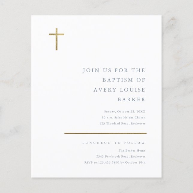 Budget Minimal Gold Cross Baptism Invitation  (Front)