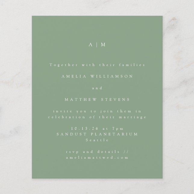 Budget Minimal Monogram Sage Wedding Invitation (Front)