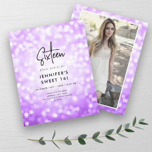 Budget Minimal Purple Glam Photo Sweet 16 Invite
