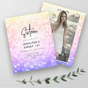 Budget Minimal Rainbow Photo Sweet 16 Invite