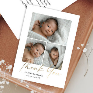 Budget Minimal Script 3 Photo Baby Thank You Card