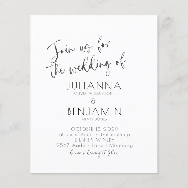 Budget Minimal Script Black White Wedding Invite (Front)