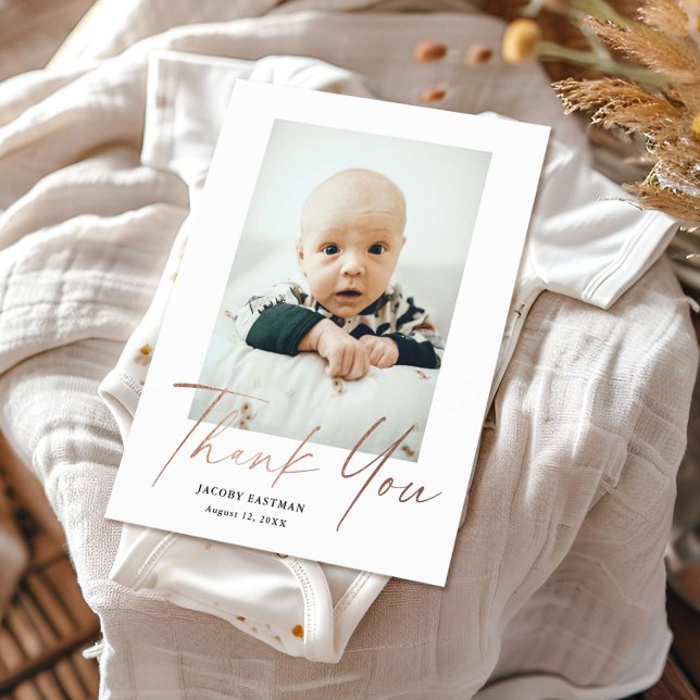 Budget Minimal Script Photo Baby Thank You Card (Elegant rose gold budget baby photo thank you card.)