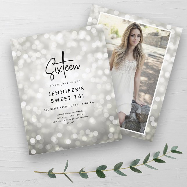 Budget Minimal Silver Glam Photo Sweet 16 Invite (Budget Minimal Silver Glam Photo Sweet 16 Invite)