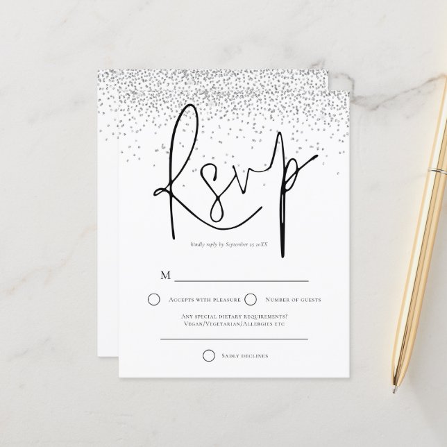 Budget Minimal Silver Glitter Wedding RSVP (Front/Back In Situ)