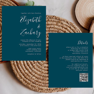 Budget Minimal Teal Blue QR Code Wedding Invite