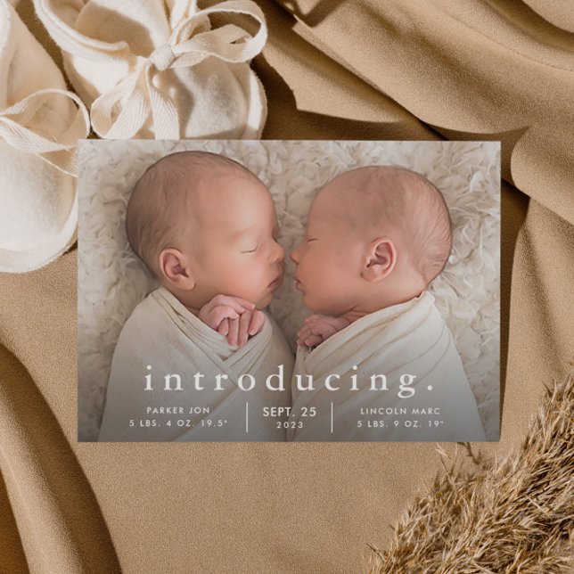 Budget Minimal Twin Photo Birth Announcement (Simple typography twins baby birth announcement.)