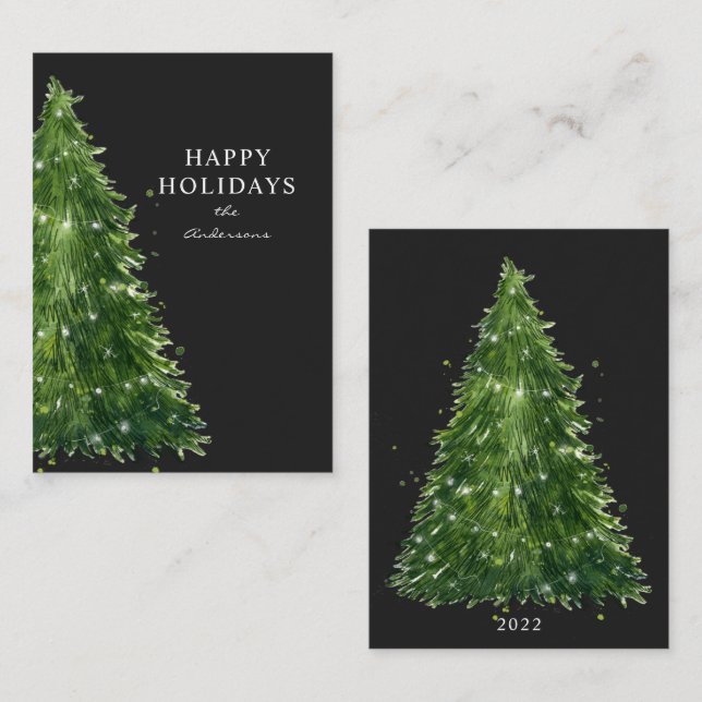 budget minimal watercolor christmas tree holidays card (Front/Back)