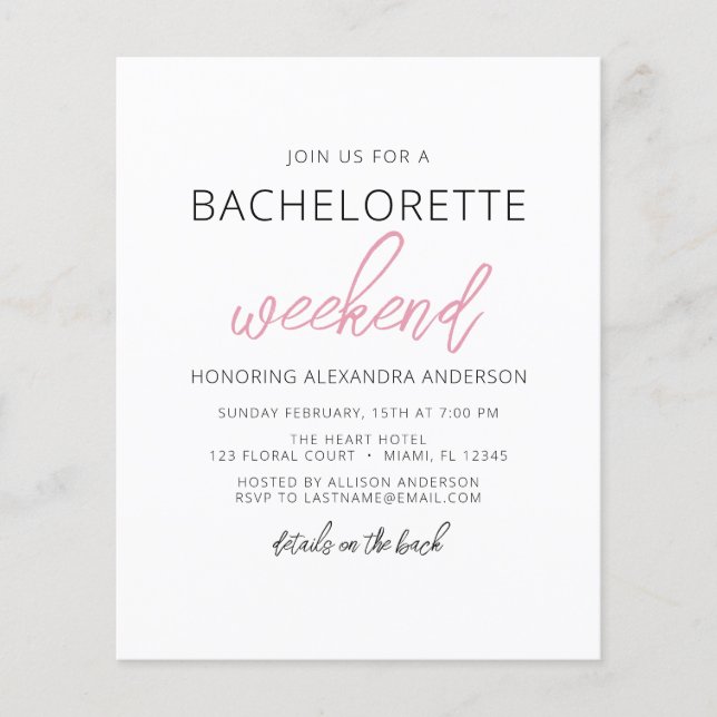 Budget Minimalist Bachelorette Weekend Party Flyer (Front)