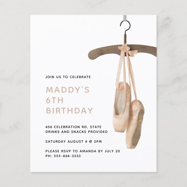Budget Minimalist Ballet Ballerina 6th Birthday Flyer (Front)