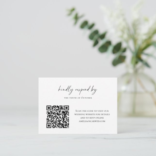 Budget Minimalist Black White Script RSVP QR Code  Card (Standing Front)
