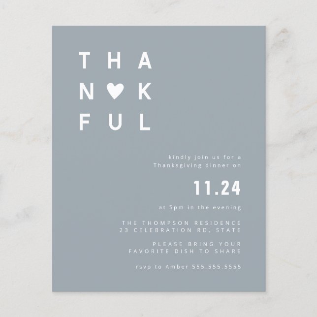 Budget Minimalist Blue Thanksgiving Dinner Invite (Front)
