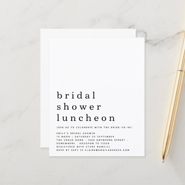 Budget Minimalist Bridal Shower Luncheon Invite (Front/Back In Situ)
