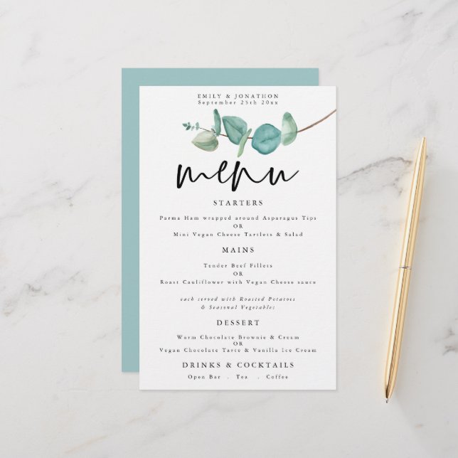 Budget Minimalist Eucalyptus Wedding Menu (Front/Back In Situ)