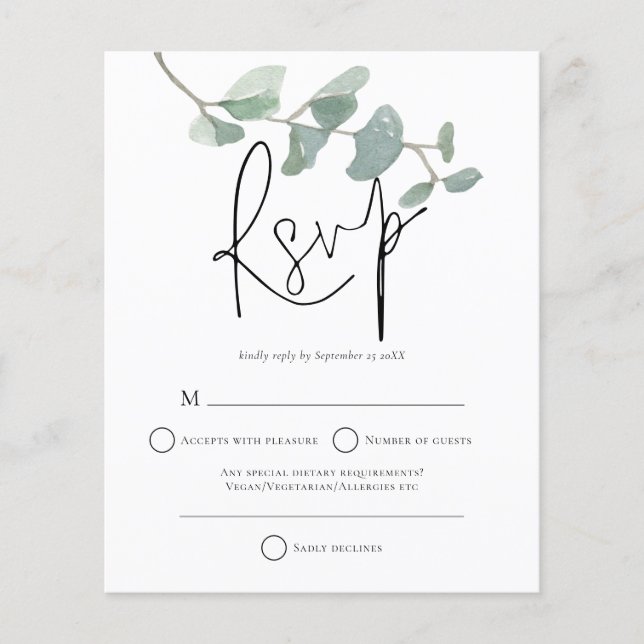 Budget Minimalist Eucalyptus Wedding RSVP (Front)