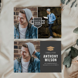 Budget Minimalist Gold Grad Cap 3 Photo Graduation Card