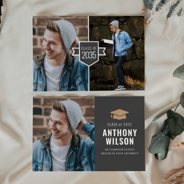 Budget Minimalist Gold Grad Cap 3 Photo Graduation Card (Creator Uploaded)