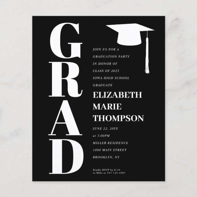 Budget Minimalist GRAD Graduation Party Invite (Front)