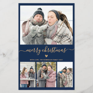 Budget Minimalist Navy Gold 4 Photo Christmas Card