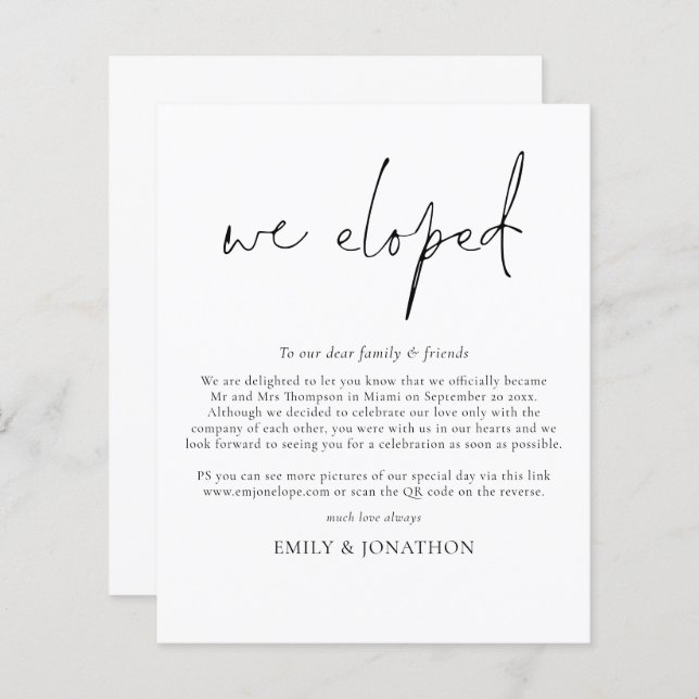 Budget Minimalist QR Code Script We Eloped (Front/Back)