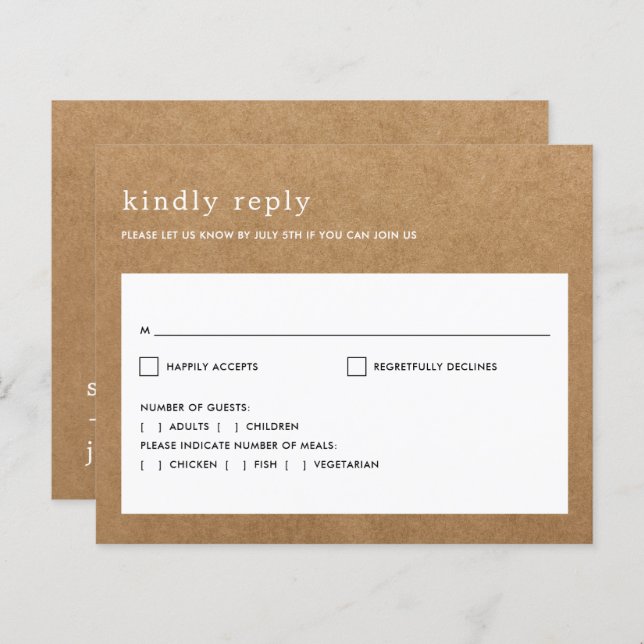 Budget Minimalist Rustic Faux Kraft Wedding RSVP (Front/Back)