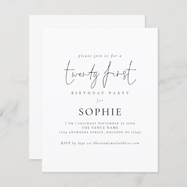 Budget Minimalist Script 21st Party Invite (Front/Back)