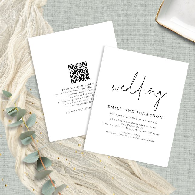Budget Minimalist Script QR Code Wedding Invite (Front and back view)